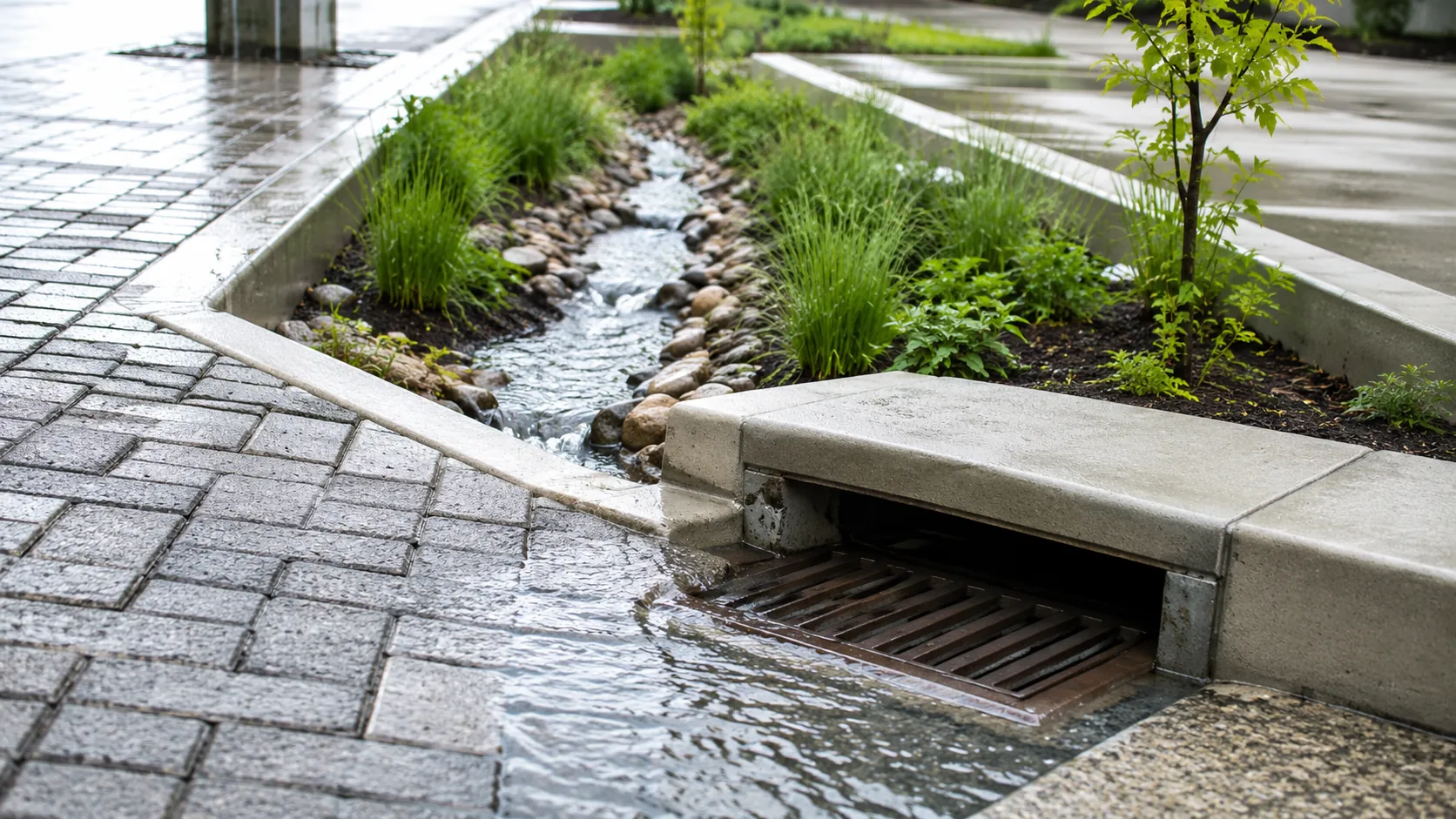 Urban rain garden with flowing water and green infrastructure